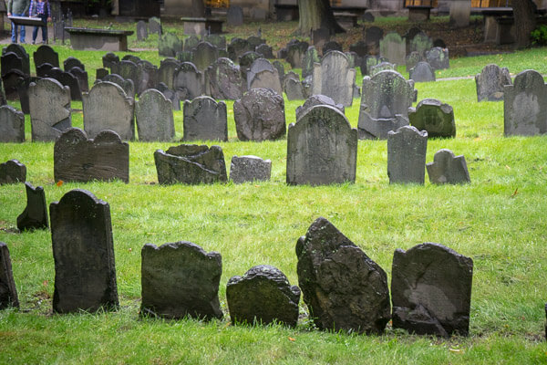 View of the gravestones from The Granary Burying Ground in Boston