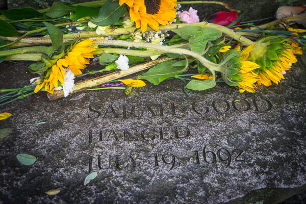 Sarah Good stone tablet part of the Witch Trials Memorial in Salem