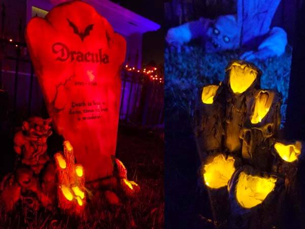 Flickering LED candles in graveyard